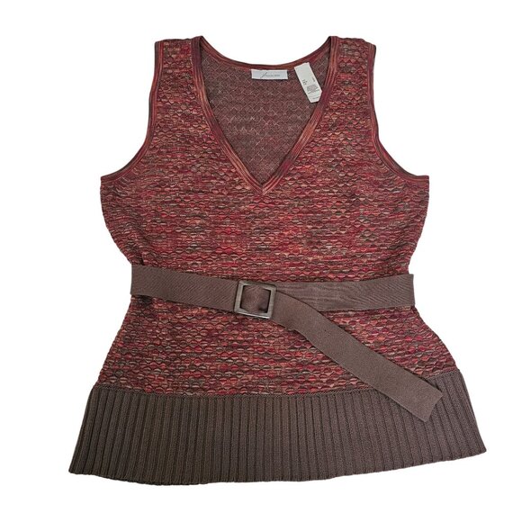 JH Collectibles Red & Brown Sleeveless Belted V-Neck Knit Sweater Top Women's L - Picture 2 of 10